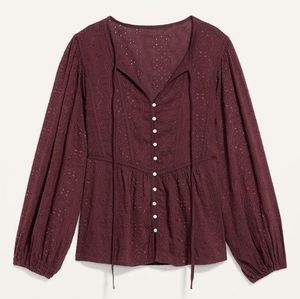 Old Navy Oversized Embroidered Cutwork Tie-Neck Blouse for Women